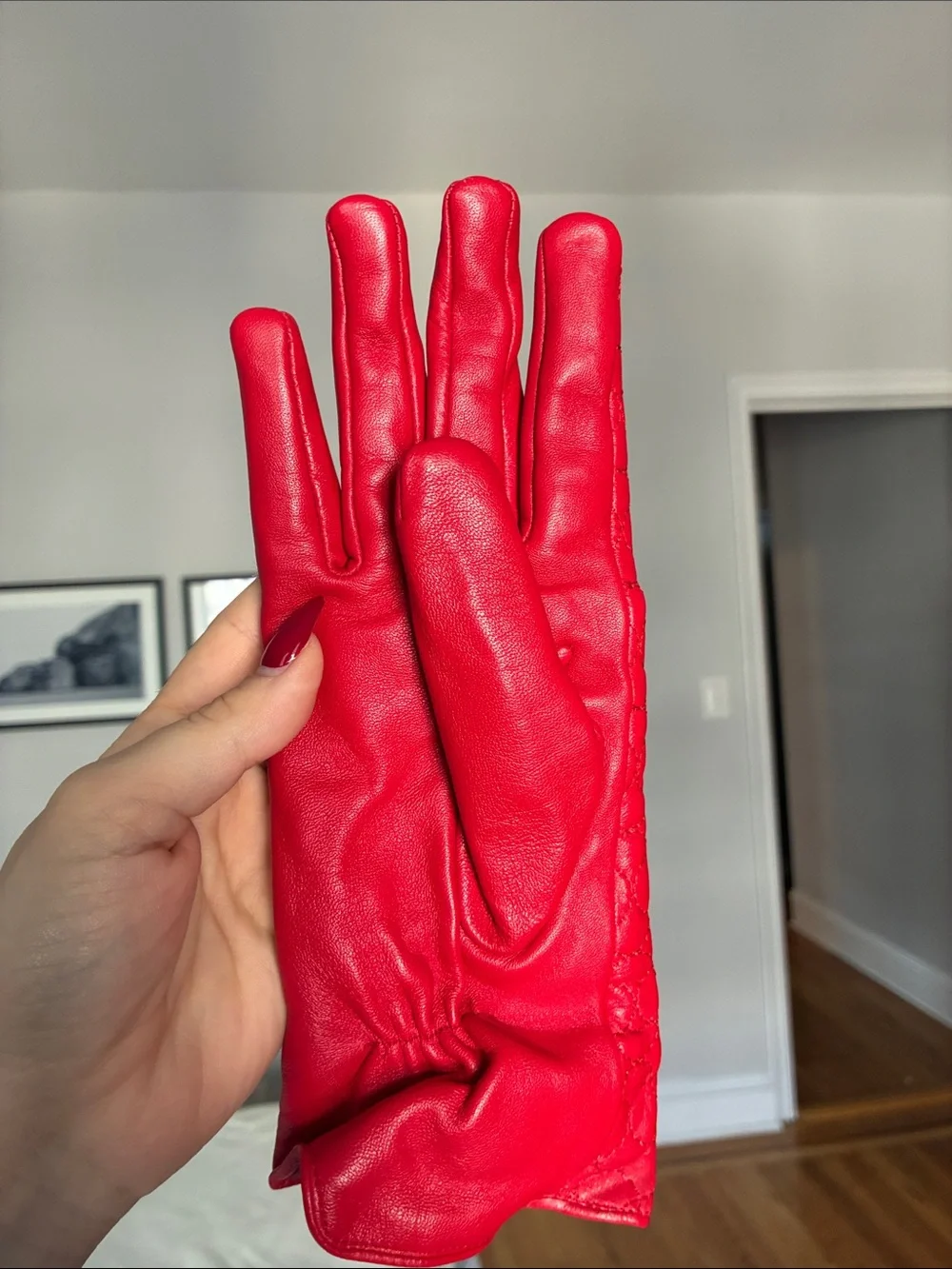 Red Quilted Leather Gloves for Women